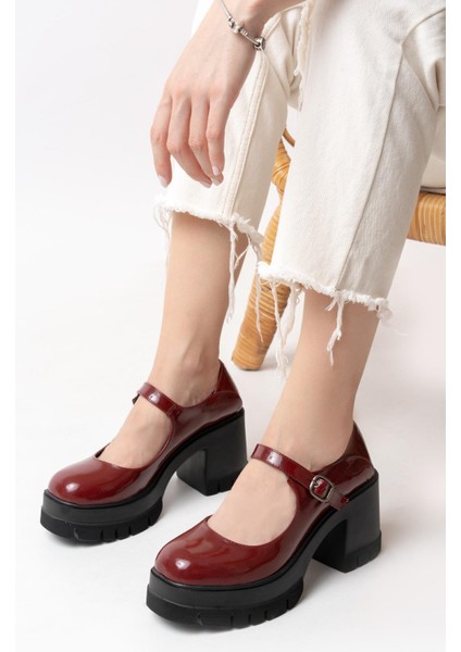 Kadın Tek Baletli Loafer Model Topuklu Ayakkabı Bordo Rugan