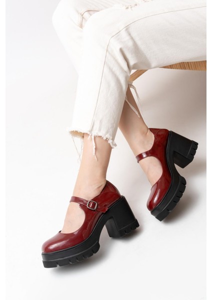 Kadın Tek Baletli Loafer Model Topuklu Ayakkabı Bordo Rugan fiyatları