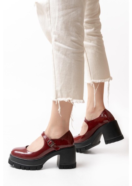 Kadın Tek Baletli Loafer Model Topuklu Ayakkabı Bordo Rugan modelleri