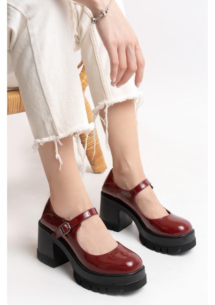 Kadın Tek Baletli Loafer Model Topuklu Ayakkabı Bordo Rugan indirimleri