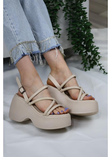 Kadın Paris Kalın Taban 9 cm Ortopedik Sandalet Bej modelleri