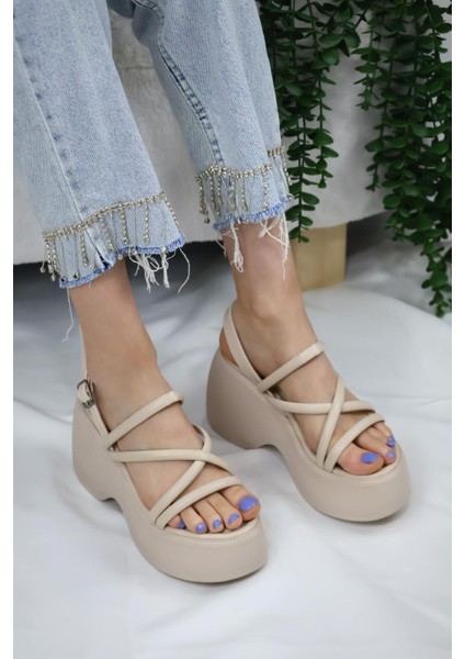 Kadın Paris Kalın Taban 9 cm Ortopedik Sandalet Bej fırsatları
