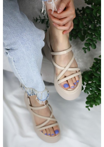 Kadın Paris Kalın Taban 9 cm Ortopedik Sandalet Bej indirimleri