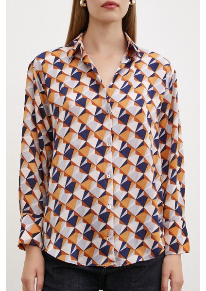 Kadın Uzun Kol Desenli Renkli Pamuk Saten Premium Kalite Spor Şık Gömlek