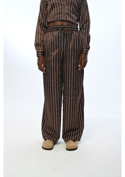 Kadın Beli Lastikli Bol Paça Çizgili Pantolon