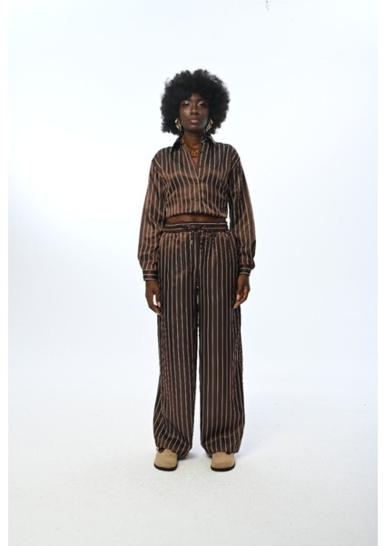 Kadın Beli Lastikli Bol Paça Çizgili Pantolon modelleri