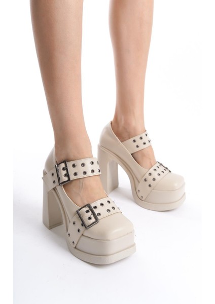 Kadın Viva Iki Toka Baletli (12 cm ) Platform Topuklu Ayakkabı Krem modelleri
