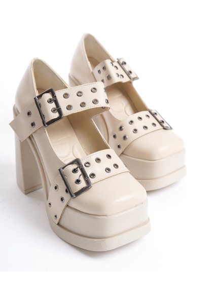 Kadın Viva Iki Toka Baletli (12 cm ) Platform Topuklu Ayakkabı Krem fırsatları