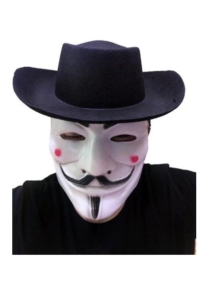 Siyah Renkli Delikli Çocuk Boy Vendetta Şapkası ve Vendetta Maskesi