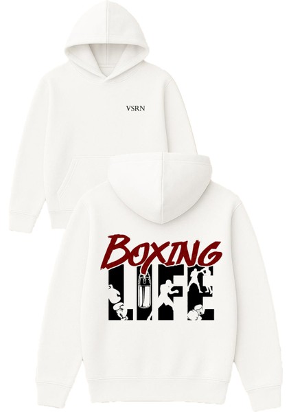 Boxing Life Tasarım Baskılı Oversize Beyaz Kapüşonlu Sweatshirt