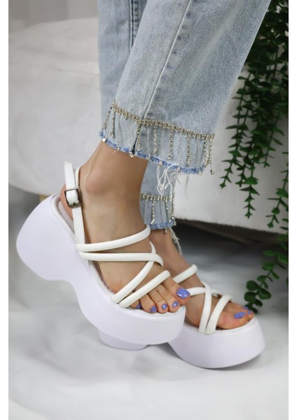 Kadın Paris Kalın Taban 9 cm Ortopedik Sandalet Beyaz modelleri