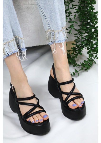 Kadın Paris Kalın Taban 9 cm Ortopedik Sandalet Siyah