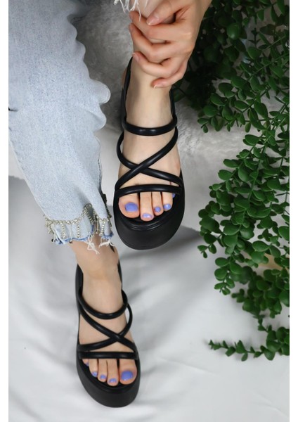 Kadın Paris Kalın Taban 9 cm Ortopedik Sandalet Siyah modelleri