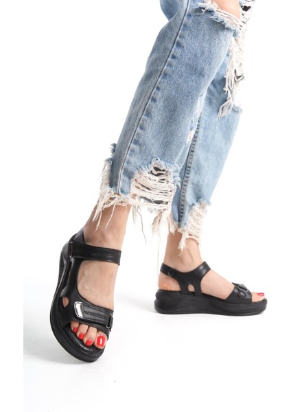 Kadın Aston Konfor Ortopedik Taban Cırtlı Sandalet Siyah modelleri