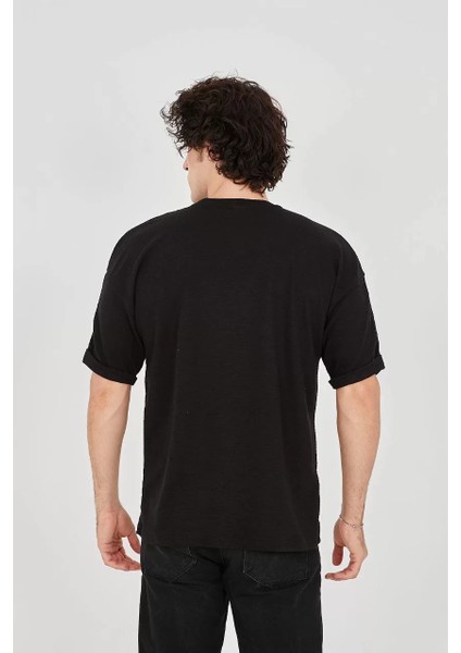 Unisex Jakar Kumaş Rahat Kol T-Shirt - Siyah modelleri