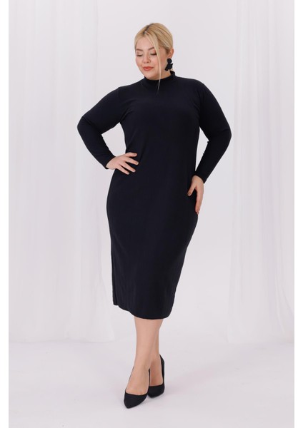 Kadın Siyah Balıkçı Yaka Esnek Burgu Triko Büyük Beden Elbise fiyatları