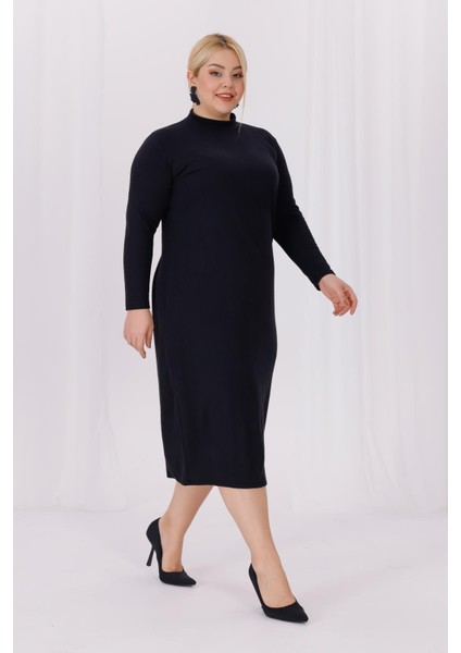 Kadın Siyah Balıkçı Yaka Esnek Burgu Triko Büyük Beden Elbise modelleri