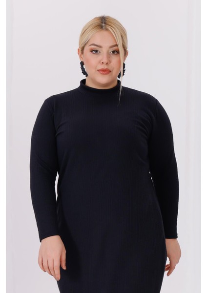 Kadın Siyah Balıkçı Yaka Esnek Burgu Triko Büyük Beden Elbise indirimleri