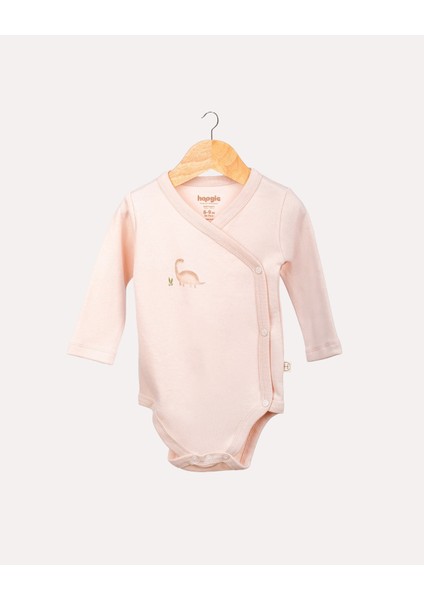 %100 Organik Pamuk Gots Sertifikalı Kruvaze Dinozor Desenli Bebek & Yenidoğan Body - Pudra