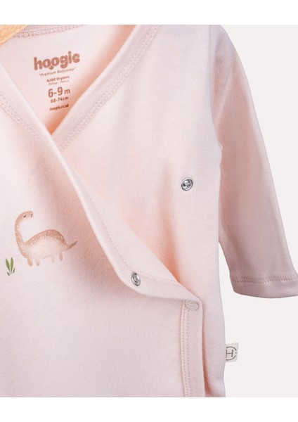 %100 Organik Pamuk Gots Sertifikalı Kruvaze Dinozor Desenli Bebek & Yenidoğan Body - Pudra