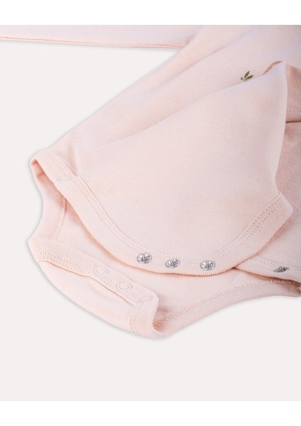 %100 Organik Pamuk Gots Sertifikalı Kruvaze Dinozor Desenli Bebek & Yenidoğan Body - Pudra