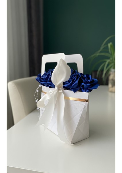 13'lü Çantada Lacivert Solmayan Saten Gül, Öğretmene Hediye, Dekoratif Süs