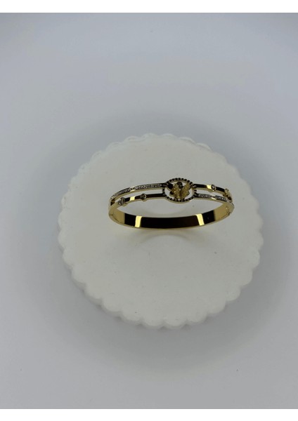 Minik Kelebek Detaylı Taşlı Gold Kelepçe