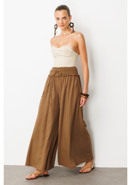 Lastik Bel Geniş Paça Pantolon-Kahve