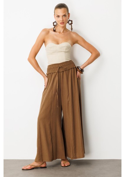 Lastik Bel Geniş Paça Pantolon-Kahve fiyatları