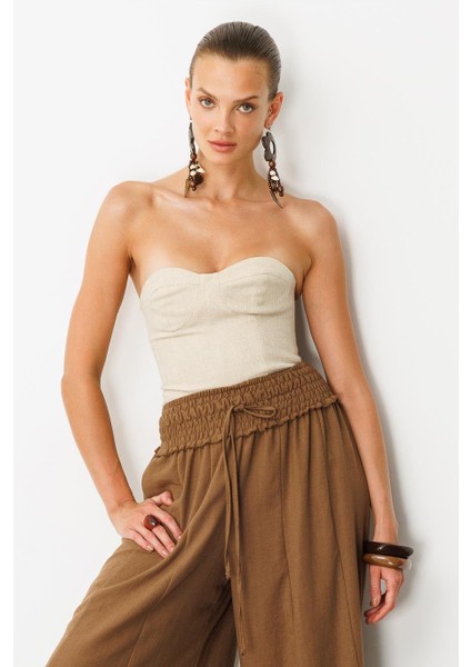 Lastik Bel Geniş Paça Pantolon-Kahve modelleri