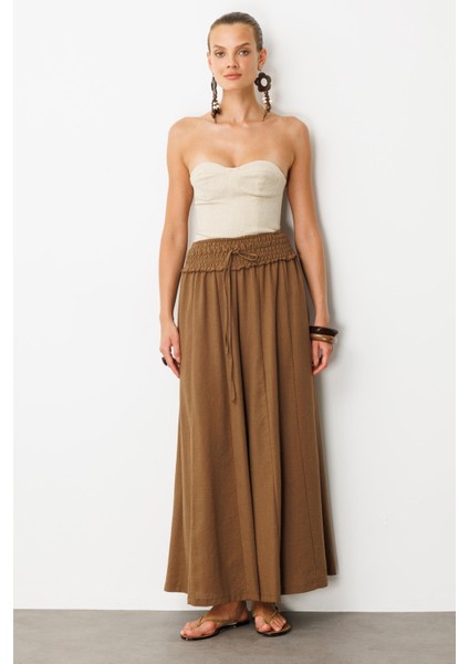 Lastik Bel Geniş Paça Pantolon-Kahve fırsatları