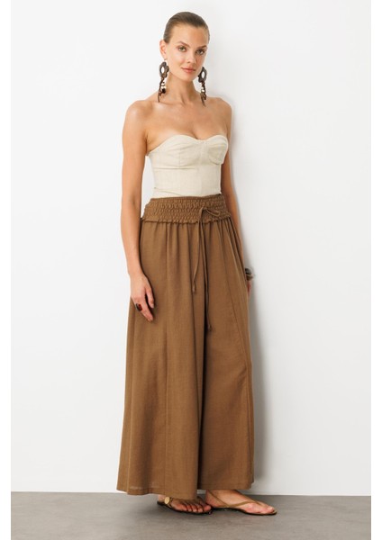 Lastik Bel Geniş Paça Pantolon-Kahve indirimleri