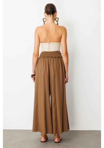 Lastik Bel Geniş Paça Pantolon-Kahve