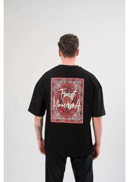 Unisex Bisiklet Yaka Baskılı Oversize T-Shirt - Siyah fiyatları