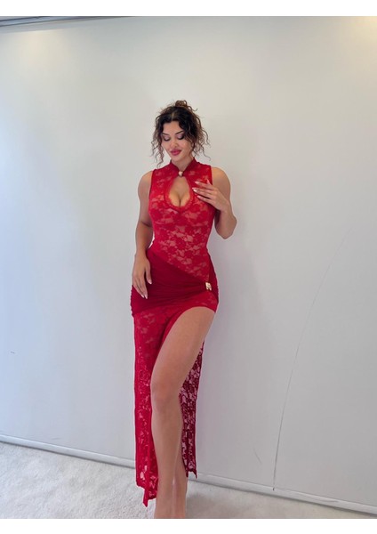 Kırmızı Dantel Toka Detaylı Maksi Elbise modelleri