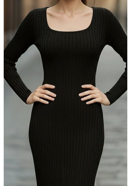 Kadın Uzun Kollu Kare Yakalı Midi Şardonlu Kaşkorse Elbise fiyatları