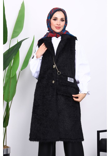 Siyah Çanta Hadiyeli Angora Pelüş Kürk Yelek modelleri