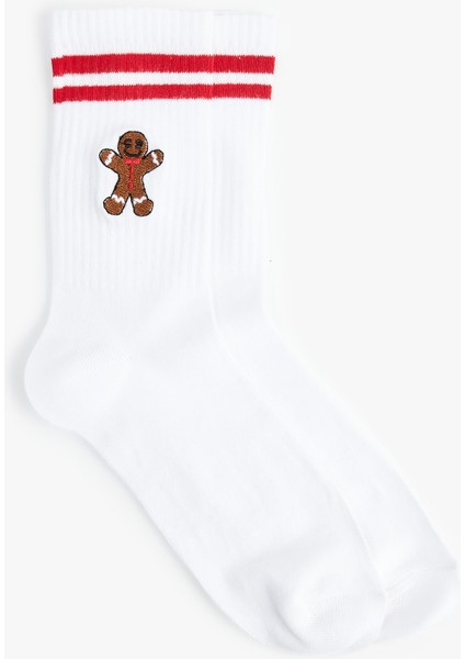 Yılbaşı Temalı Işlemeli Çizgi Detaylı Tenis Çorabı