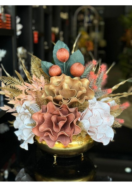 Yapay Çiçek Aranjmalı Gold Yassı Vazo No:6