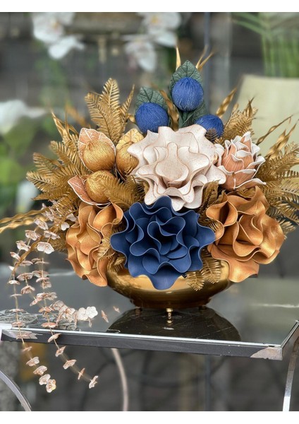 Yapay Çiçek Aranjmanlı Gold Yassı Vazo No:23