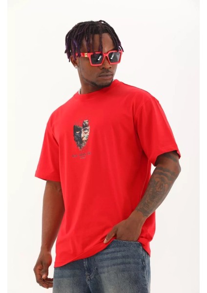 Unisex Oversize Baskılı Bisiklet Yaka T-Shirt - Kırmızı modelleri