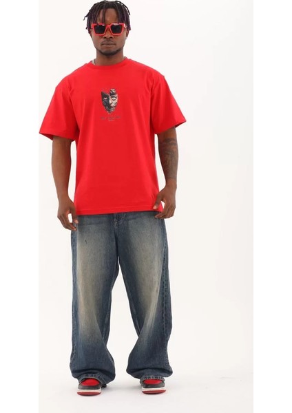 Unisex Oversize Baskılı Bisiklet Yaka T-Shirt - Kırmızı fırsatları