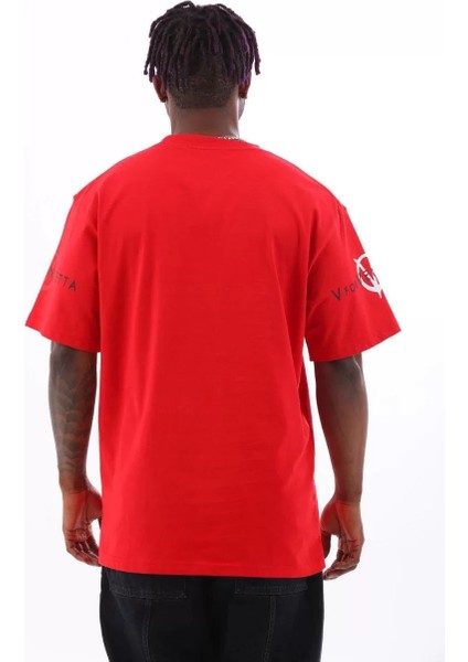 Unisex Oversize Baskılı Bisiklet Yaka T-Shirt - Kırmızı fırsatları