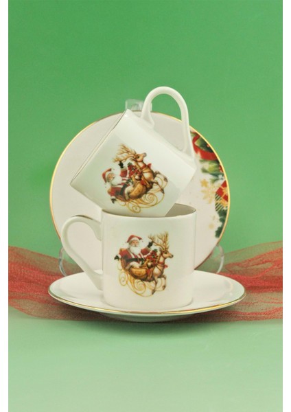 Christmas Reindeer Altın Yaldızlı Iki Kişilik Kahve Fincan Takımı