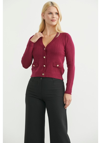 Cep Detaylı Düğmeli Triko Hırka - Bordo