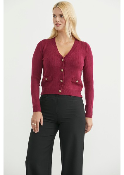 Cep Detaylı Düğmeli Triko Hırka - Bordo fiyatları
