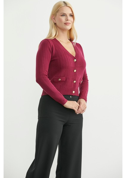 Cep Detaylı Düğmeli Triko Hırka - Bordo modelleri