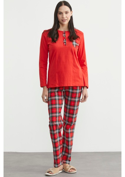 Düz Kombinli Ekose Pamuk Pijama Takım - Kırmızı