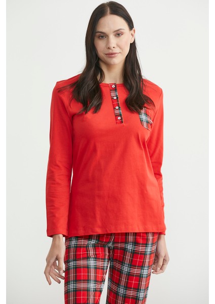 Düz Kombinli Ekose Pamuk Pijama Takım - Kırmızı fiyatları