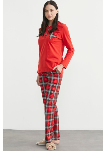 Düz Kombinli Ekose Pamuk Pijama Takım - Kırmızı fırsatları